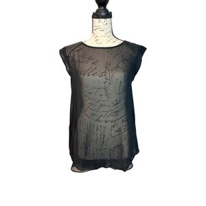 BCBGeneration Black Sheer Script Print Top‎ XXS Faux Leather Quilted Trim Blouse